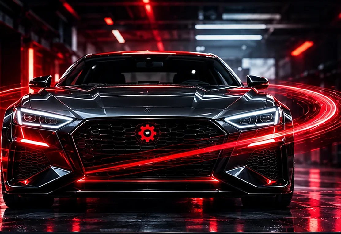 Modern car front with red light streaks